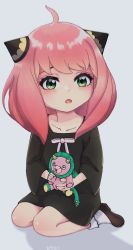 Rule 34 | 1girl, anya (spy x family), black shirt, blouse, blush, child, collarbone, director chimera (spy x family), green eyes, highres, looking at viewer, pink hair, shirt, shoes, socks, solo, spy x family, stuffed animal, stuffed toy