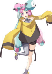 Rule 34 | 1girl, :d, absurdres, bike shorts, boots, breasts, collarbone, commentary request, creatures (company), game freak, green hair, grey footwear, grey shirt, highres, iono (pokemon), jacket, leg up, long hair, looking at viewer, mayoi nashi, medium breasts, multicolored hair, nintendo, open mouth, pink hair, pokemon, pokemon sv, purple eyes, shirt, single leg pantyhose, sleeveless, sleeveless shirt, smile, solo, standing, standing on one leg, thigh strap, twintails, two-tone hair, yellow jacket