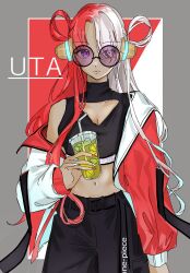 Rule 34 | 1girl, belt, black pants, border, commentary, commentary request, cowboy shot, crop top, cup, food, fruit, grey border, hair over eyes, headphones, highres, holding, holding cup, ice, ice cube, jacket, lemon, long hair, looking to the side, multicolored hair, one piece, pants, purple eyes, red background, red hair, red nails, round eyewear, solo, sunglasses, two-tone hair, user pmke7857, uta (one piece), white background, white hair, white nails