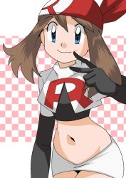Rule 34 | 1girl, alternate costume, bandana, bare legs, black gloves, blue eyes, brown hair, checkered background, closed mouth, cosplay, creatures (company), elbow gloves, female focus, game freak, gloves, hainchu, hair between eyes, hand up, legs, looking at viewer, may (pokemon), midriff, navel, neck, nintendo, pencil skirt, pink background, pokemon, pokemon (anime), pokemon rse, short hair, skirt, smile, solo, team rocket, team rocket (cosplay), v, white background, white skirt