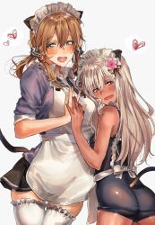 Rule 34 | 1girl, 2girls, alternate costume, animal ears, apron, aqua eyes, blonde hair, blue eyes, blush, breasts, cat ears, cat tail, flower, frills, hair flower, hair ornament, highres, inusaka, kantai collection, large breasts, long hair, looking at viewer, low twintails, maid, maid apron, maid headdress, multiple girls, open mouth, pleated skirt, prinz eugen (kancolle), ribbon, ro-500 (kancolle), sailor collar, school swimsuit, simple background, skirt, smile, swimsuit, tail, tan, thighhighs, twintails, white background, white thighhighs