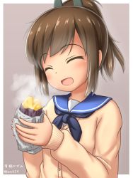 Rule 34 | 10s, 1girl, arisu kazumi, blush, brown hair, cardigan, closed eyes, commentary request, food, highres, i-401 (kancolle), kantai collection, long hair, open mouth, ponytail, roasted sweet potato, school uniform, short ponytail, smile, solo, sweet potato, roasted sweet potato