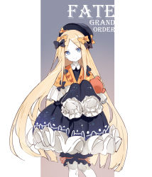 Rule 34 | 1girl, abigail williams (fate), adapted costume, black bow, black dress, black hat, blonde hair, blue eyes, bow, capelet, closed mouth, commentary, copyright name, dress, fate/grand order, fate (series), forehead, hair bow, hat, hugging object, long hair, long sleeves, looking at viewer, mitu yang, orange bow, orange capelet, parted bangs, polka dot, polka dot bow, sleeves past fingers, sleeves past wrists, smile, solo, stuffed animal, stuffed toy, symbol-only commentary, teddy bear, thighhighs, very long hair, white thighhighs