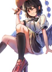 Rule 34 | 1girl, ass, black footwear, black hair, black ribbon, black skirt, black socks, commentary request, foot out of frame, frilled skirt, frills, geta, h2co3 vv, hand up, highres, kneehighs, knees up, looking at viewer, one eye closed, parted lips, pointy ears, pom pom (clothes), puffy short sleeves, puffy sleeves, red eyes, ribbon, shameimaru aya, shirt, short hair, short sleeves, simple background, sitting, skirt, smile, socks, solo, tengu-geta, touhou, white background, white shirt