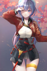 Rule 34 | 1girl, absurdres, arm up, belt, belt skirt, blue eyes, blue hair, breasts, cherry blossoms, collared jacket, counter:side, cowboy shot, cropped jacket, crossed bangs, dragon ornament, dragon print, falling petals, fanny pack, gluteal fold, gold necklace, hair between eyes, hand on own face, highres, horizon (counter:side), jacket, jewelry, light blue hair, light blush, long hair, low ponytail, medium breasts, miniskirt, necklace, one eye closed, parted lips, petals, pleated skirt, pon (pixiv 69946641), red belt, red jacket, shading eyes, shirt, sidelocks, simple background, skirt, solo, striped clothes, striped skirt, thigh gap, thigh strap, user matj3344, vertical-striped clothes, vertical-striped skirt, white shirt