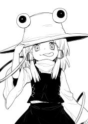 Rule 34 | 1girl, commentary request, cowboy shot, greyscale, hair ribbon, hand on headwear, hand up, hat, highres, long hair, long sleeves, looking at viewer, monochrome, moriya&#039;s iron rings, moriya suwako, oninamako, ribbon, shirt, simple background, skirt, smile, solo, tongue, tongue out, touhou, vest, white background, white shirt, wide sleeves