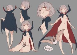 Rule 34 | 1girl, :t, bat (animal), breasts, cape, convenient censoring, fang, looking back, mogumo, multiple views, naked cape, no nipples, original, pointy ears, pout, red eyes, see-through, short hair, sitting, small breasts, smile, speech bubble, vampire, white hair, yokozuwari