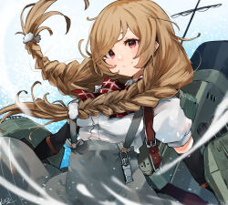 Rule 34 | 1girl, arm warmers, bow, bowtie, braid, breasts, brown hair, hair ornament, highres, kantai collection, long hair, looking at viewer, medium breasts, minegumo (kancolle), red bow, red bowtie, red eyes, reverse suspended congress, rigging, sex from behind, shirt, sidelocks, signature, simple background, smile, solo, sunday aki, suspenders, twin braids, white shirt