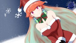 Rule 34 | 1girl, absurdres, bare shoulders, bow, bow choker, breasts, christmas, earrings, feather earrings, feathers, gradient hair, hat, highres, hololive, hololive english, holomyth, jewelry, large breasts, long hair, looking at viewer, merriegold d, multicolored hair, orange hair, purple eyes, santa costume, santa hat, self-upload, snow, solo, takanashi kiara, virtual youtuber