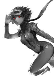 Rule 34 | 10s, 1girl, bodysuit, breasts, closed mouth, club3, highres, limited palette, looking at viewer, mask, monochrome, niijima makoto, persona, persona 5, red eyes, short hair, simple background, sketch, small breasts, solo, spot color