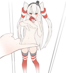 Rule 34 | 1girl, amatsukaze (kancolle), cellphone, gluteal fold, hair tubes, hairband, hat, kantai collection, long hair, meme, mini hat, mirror, navel, nude, one finger selfie challenge (meme), phone, red eyes, red thighhighs, reflection, selfie, smartphone, solo, thighhighs, two side up, very long hair, xyz (xiaoyezi)