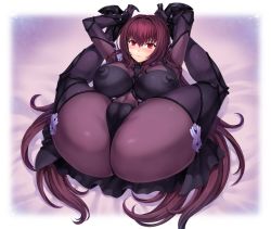 Rule 34 | 1girl, arms behind head, ass, bed, bodysuit, breasts, cameltoe, cleft of venus, covered erect nipples, crotch seam, fat mons, fate/grand order, fate (series), folded, frown, huge ass, large breasts, legs up, looking at viewer, mogudan, pantyhose, presenting, puffy nipples, purple hair, scathach (fate), skin tight, skindentation, solo, thighs