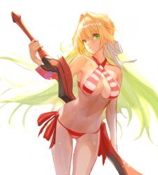 Rule 34 | 1girl, aestus estus, bad id, bad pixiv id, bikini, breasts, cleavage, closed mouth, criss-cross halter, fate/grand order, fate (series), green eyes, hair intakes, halterneck, holding, holding sword, holding weapon, nero claudius (fate), nero claudius (fate) (all), nero claudius (swimsuit caster) (fate), red bikini, side-tie bikini bottom, solo, standing, striped bikini, striped clothes, swimsuit, sword, weapon, ya99ru