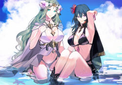 Rule 34 | 2girls, bare shoulders, beach, bikini, black bikini, black cape, blue eyes, blue hair, blue sky, blush, breasts, byleth (female) (fire emblem), byleth (female) (summer) (fire emblem), byleth (fire emblem), cape, cleavage, closed mouth, cloud, collarbone, commentary request, day, fire emblem, fire emblem: three houses, fire emblem heroes, flower, green eyes, green hair, hair between eyes, hair flower, hair ornament, hand on own chest, hand up, kneeling, large breasts, long hair, looking at viewer, midriff, multiple girls, navel, nintendo, ocean, official alternate costume, outdoors, revision, rhea (fire emblem), rhea (summer) (fire emblem), ribbon, sidelocks, sitting, sky, smile, sparkle, swimsuit, tiara, tsukimura noe, water, weapon, white bikini, wrist ribbon