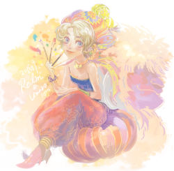 Rule 34 | 1girl, art brush, bare shoulders, between fingers, blonde hair, blue eyes, blush, breasts, character name, choker, commentary request, dated, final fantasy, final fantasy vi, full body, hat, high heels, holding, jewelry, lips, looking at viewer, medium hair, paintbrush, relm arrowny, sitting, smile, solo