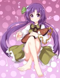 Rule 34 | 1girl, barefoot, closed mouth, crescent moon, crossed legs, dress, eighth note, frilled dress, frills, full body, gradient background, hair ornament, highres, holding, holding instrument, instrument, long hair, long sleeves, looking at viewer, lute (instrument), moon, musical note, purple background, purple eyes, purple hair, quarter note, ruu (tksymkw), smile, solo, star (symbol), touhou, tsukumo benben, white sleeves, yellow dress