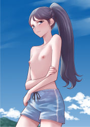 Rule 34 | 1girl, black hair, blue eyes, blue male swimwear, blue sky, blue swim trunks, breasts, closed mouth, cloud, collarbone, commentary request, cowboy shot, day, drawstring, from below, heartcatch precure!, highres, long hair, looking at viewer, looking down, male swimwear, male swimwear challenge, nipples, ogry ching, outdoors, ponytail, precure, sky, small breasts, solo, swim trunks, swimsuit, topless, tsukikage yuri, very long hair