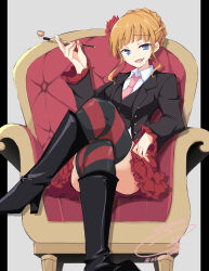 Rule 34 | 1girl, absurdres, armchair, beatrice (umineko), black footwear, black jacket, blonde hair, blue eyes, blunt bangs, boots, chair, collared shirt, commentary request, crossed legs, fangs, feet out of frame, flower, frilled sleeves, frills, hair bun, hair flower, hair ornament, hand up, highres, holding, holding smoking pipe, jacket, knee boots, long sleeves, looking at viewer, necktie, open mouth, pink necktie, red flower, shirt, sidelocks, single hair bun, sitting, smile, smirk, smoking pipe, solo, striped clothes, striped thighhighs, teeth, thighhighs, thighs, twitter username, umineko no naku koro ni, upper teeth only, usetsusakon2, white shirt