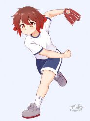 1girl anchor_symbol baseball_glove blue_shorts brown_hair gradient_hair gym_shirt hair_between_eyes highres kantai_collection multicolored_hair mutsuki_(kancolle) red_eyes red_hair shirt short_hair short_shorts short_sleeves shorts socks solo throwing white_shirt white_socks zanne