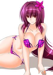 Rule 34 | 1girl, alternate costume, arm support, bikini, breasts, cleavage, collarbone, engo (aquawatery), fate/grand order, fate (series), flower, hair flower, hair intakes, hair ornament, large breasts, bridal garter, lipstick, makeup, navel, pink bikini, purple bikini, purple hair, red eyes, scathach (fate), scathach (fate), scathach (swimsuit assassin) (fate), smile, solo, swimsuit, white background