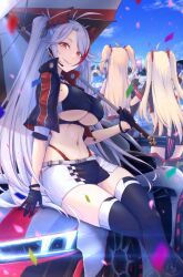 Rule 34 | 3girls, admiral hipper (azur lane), antenna hair, azur lane, belt, blonde hair, bluecher (azur lane), breasts, checkered flag, clothing cutout, confetti, cropped shirt, earpiece, earrings, flag, gloves, half gloves, highres, holding, holding umbrella, jacket, jewelry, large breasts, long hair, looking at viewer, midriff, mole, multicolored hair, multiple girls, navel, official alternate costume, panties, panty straps, prinz eugen (azur lane), prinz eugen (final lap) (azur lane), purple jacket, race queen, red hair, red panties, sideboob, sitting, sitting on car, sitting on person, smile, streaked hair, thighhighs, two-tone skirt, two side up, umbrella, underboob, underboob cutout, underwear, waa! okami, white belt, white hair