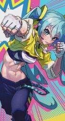 Rule 34 | 1girl, abs, black pants, blue eyes, blue hair, blurry, blurry background, boxing, cropped jacket, fingerless gloves, gloves, gyoranden, hair between eyes, hatsune miku, highres, jacket, blue background, long hair, looking at viewer, midriff, navel, pants, solo, sports bra, twintails, vocaloid, white gloves, yellow jacket