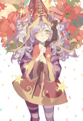 Rule 34 | 1girl, absurdres, animal ears, berry, blush, bow, closed mouth, curly hair, dj.adonis, dress, ears through headwear, english text, eyebrows, eyeshadow, flat chest, flower, food, fruit, green eyes, hair over one eye, hat, highres, holding, holding staff, humanization, large hat, leaf, league of legends, leggings, long hair, long sleeves, lulu (league of legends), makeup, one eye closed, pantyhose, pointy ears, purple hair, ribbon, rose, sleeves past wrists, smile, solo, staff, standing, star (symbol), striped clothes, striped leggings, striped pantyhose, very long hair, wide sleeves, witch hat