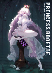 Rule 34 | 1girl, absurdres, artist name, breasts, bridal gauntlets, character name, checkered background, checkered floor, chess piece, chessboard, colored tongue, crazyzhuozhuo, crown, dress, evil smile, fangs, fingernails, frilled dress, frills, high heels, highres, large breasts, long hair, looking at viewer, luigi&#039;s mansion, mario (series), mini crown, nintendo, nipple slip, nipples, pale skin, panties, unworn panties, pointy ears, princess king boo, puffy short sleeves, puffy sleeves, purple eyes, purple tongue, sharp fingernails, unworn shoe, shoes, unworn shoes, short sleeves, sitting, smile, solo, super crown, teeth, tongue, tongue out, underwear, very long hair, white dress, white footwear, white hair, white panties