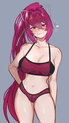 Rule 34 | 1girl, :3, absurdres, bikini, blush, breasts, closed mouth, collarbone, galadysp, highres, large breasts, long hair, looking at viewer, navel, pink bikini, pink hair, ponytail, red eyes, smile, solo, swimsuit, under night in-birth, yuzuriha (under night in-birth)