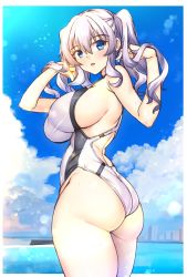 Rule 34 | 1girl, ass, bad id, bad pixiv id, blue eyes, blue sky, breasts, cloud, commentary request, competition swimsuit, cowboy shot, day, from behind, highres, kantai collection, kashima (kancolle), large breasts, looking at viewer, looking back, ocean, one-piece swimsuit, outdoors, shirokuma a, sideboob, sidelocks, silver hair, sky, solo, standing, swimsuit, twintails, wavy hair, white one-piece swimsuit