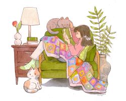 Rule 34 | 1girl, animal, arms up, artist name, black hair, book, calico, cat, coco glez, couch, flower, green socks, hand on another&#039;s head, holding, holding book, lamp, long hair, on couch, original, pillow, pink sweater, plaid, plant, reading, red flower, red tulip, smile, socks, sweater, tulip, vase