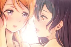 Rule 34 | 10s, 2girls, ayase eli, black hair, blonde hair, blue eyes, blush, eye contact, highres, lilylion26, long hair, looking at another, love live!, love live! school idol project, multiple girls, open mouth, parted lips, simple background, sonoda umi, yellow eyes, yuri