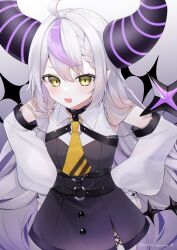 Rule 34 | 1girl, absurdres, ahoge, ascot, belt, black horns, braid, braided bangs, chain, detached sleeves, fangs, grey hair, hands on own hips, highres, hololive, horns, la+ darknesss, la+ darknesss (1st costume), long hair, looking at viewer, morino wako, multicolored hair, o-ring, o-ring belt, open mouth, pointy ears, purple hair, smile, solo, streaked hair, striped horns, virtual youtuber, yellow ascot
