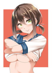 Rule 34 | 1girl, :p, black hair, blue sailor collar, breasts, clothes lift, collarbone, green eyes, hair between eyes, hair bobbles, hair ornament, highres, kinata (area7), large breasts, lifted by self, looking at viewer, low twintails, original, sailor collar, sailor shirt, school uniform, serafuku, shirt, shirt lift, short hair, short sleeves, short twintails, smile, solo, tongue, tongue out, twintails, underboob, undressing, upper body, white shirt