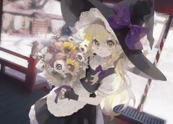Rule 34 | 1girl, apron, black gloves, black skirt, black vest, blonde hair, bouquet, bow, braid, commentary request, cowboy shot, dutch angle, fingerless gloves, flower, gloves, grin, hat, hat bow, highres, holding, holding bouquet, kirisame marisa, long hair, looking at viewer, pink flower, pink rose, puffy short sleeves, puffy sleeves, purple bow, rcs 4, rose, shirt, short sleeves, single braid, skirt, smile, solo, sunflower, touhou, very long hair, vest, waist apron, white apron, white flower, white shirt, witch hat, yellow eyes, yellow flower