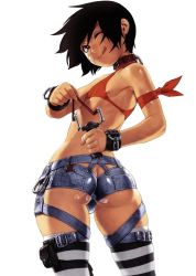 Rule 34 | 1boy, androgynous, armband, ass, bandaid, collar, cuffs, male focus, po-ju, pocket knife, shorts, slingshot (weapon), tape, thighhighs, trap
