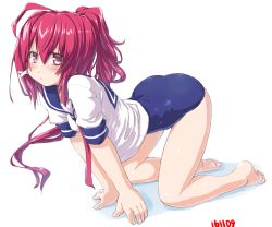 Rule 34 | 10s, 1girl, ahoge, all fours, barefoot, dated, dd (ijigendd), feet, i-168 (kancolle), kantai collection, long hair, looking at viewer, o3o, one-piece swimsuit, pink eyes, ponytail, red hair, school swimsuit, school uniform, serafuku, solo, submarine, swimsuit, swimsuit under clothes, watercraft