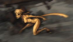 Rule 34 | 1girl, artist name, barefoot, blonde hair, breasts, cat tail, cheetah (dc), colored skin, darren geers, dc comics, facial mark, female focus, from side, full body, furry, furry female, image sample, monster girl, motion blur, red eyes, running, solo, tail, teeth, wonder woman (series), yellow skin