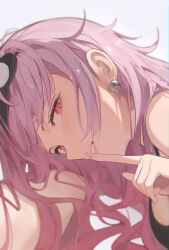 Rule 34 | 1girl, black camisole, black hairband, camisole, cropped arms, cropped head, cropped torso, earrings, finger to mouth, hairband, highres, hololive, hololive english, jewelry, long hair, looking at viewer, messy hair, mori calliope, pink eyes, pink hair, portrait, seistfu, shushing, sidelocks, skull earrings, smile, virtual youtuber, white background