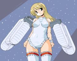 Rule 34 | 1girl, aircraft, airplane, bare shoulders, biplane, blonde hair, blue eyes, blush, clenched hands, covered navel, cowboy shot, frilled thighhighs, frills, frown, head tilt, i-153 (personification), leotard, long hair, military, nanashi (7th exp), original, personification, red garter, solo, sparkle, standing, thighhighs, white leotard, wings, wrist cuffs