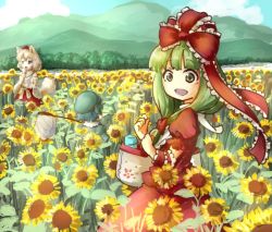 Rule 34 | 3girls, animal ears, bad id, bad twitter id, bag, beige hair, blue hair, blue sky, bow, butterfly net, cabbie hat, cloud, day, detached sleeves, eating, field, flower, flower field, food, forest, green hair, hair bow, hair ribbon, hand net, hat, ice cream, inubashiri momiji, kagiyama hina, kawashiro nitori, long hair, mountain, multiple girls, nature, open mouth, pom pom (clothes), red shirt, red skirt, ribbon, shirt, short hair, skirt, sky, sleeveless, sleeveless shirt, smile, stream, tail, tikano, tokin hat, touhou, tree, two side up, white shirt, wolf ears, wolf tail