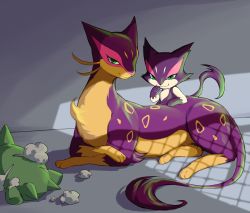 Rule 34 | :3, akihorisu, closed mouth, commentary request, creatures (company), evolutionary line, game freak, gen 5 pokemon, green eyes, liepard, lying, nintendo, no humans, on stomach, pokemon, pokemon (creature), purrloin, smile, substitute (pokemon), toes