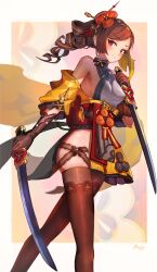 Rule 34 | 1girl, absurdres, applelin, bare shoulders, blonde hair, brown gloves, brown thighhighs, chiori (genshin impact), colored inner hair, commentary request, dual wielding, feet out of frame, genshin impact, gloves, grey kimono, groin, highres, holding, holding sword, holding weapon, japanese clothes, kimono, long hair, multicolored hair, obi, off shoulder, ponytail, red sash, reverse grip, sash, short sleeves, sleeveless, sleeveless kimono, solo, standing, sword, thighhighs, weapon
