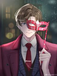 Rule 34 | 1boy, artem wing (tears of themis), blue eyes, blue vest, brown hair, closed mouth, collared shirt, formal, highres, holding, holding mask, jacket, looking at viewer, male focus, mask, muart0113, necktie, night, night sky, outdoors, red jacket, red necktie, shirt, short hair, sky, smile, solo, tears of themis, upper body, vest, white shirt