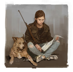 Rule 34 | 1girl, ashley swidowski, black shirt, brown hair, concept art, dog, ellie (the last of us), gun, indian style, jacket, looking at map, official art, ponytail, rifle, ripped jeans, shirt, shoes, simple background, sitting, sneakers, solo, the last of us (series), the last of us 2, weapon