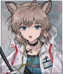 Rule 34 | 1girl, :o, ahoge, animal ear fluff, animal ears, arknights, black choker, blue dress, blue eyes, brown hair, choker, collarbone, commentary request, dress, fox ears, gloves, highres, holding, jacket, looking at viewer, noshima, open clothes, open jacket, open mouth, solo, sussurro (arknights), upper body, white gloves, white jacket