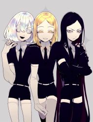 Rule 34 | 3others, :d, androgynous, bad id, bad twitter id, belt, black eyes, black gloves, black hair, black legwear, black neckwear, blonde hair, bort, collar, commentary, crossed arms, diamond (houseki no kuni), elbow gloves, frown, gem uniform (houseki no kuni), gloves, grey legwear, hair between eyes, highres, holding hands, houseki no kuni, kuzudon, long hair, looking at viewer, multicolored eyes, multicolored hair, multiple others, necktie, open mouth, pale skin, parted bangs, parted lips, rainbow hair, shirt, short hair, short sleeves, shorts, silver hair, simple background, smile, standing, symbol-only commentary, thighhighs, very long hair, white background, white belt, white eyes, white gloves, white legwear, white shirt, yellow diamond (houseki no kuni), yellow eyes