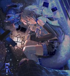 Rule 34 | 1girl, artist name, belt, blue hair, blue nails, bow, closed eyes, closed mouth, constellation, constellation print, dark, detached sleeves, dia (saihate (d3)), dog, fetal position, from above, light, light particles, lying, midriff, on side, original, photo (object), polaroid, saihate (d3), short hair, shorts, sleeping, smile, solo, thighhighs, watermark, white thighhighs