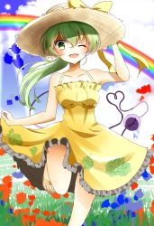 Rule 34 | 1girl, alternate costume, alternate hairstyle, bare arms, bare shoulders, blue sky, bow, cloud, collarbone, day, dress, floral print, green eyes, green hair, hat, hat bow, highres, indo (mdtanaka2007), komeiji koishi, matching hair/eyes, one eye closed, open mouth, ponytail, rain, running, sky, sleeveless, sleeveless dress, smile, solo, straw hat, sundress, third eye, touhou, wide sleeves, yellow eyes
