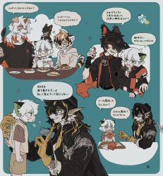 Rule 34 | 1girl, 4boys, aak (arknights), animal ear piercing, animal ears, arknights, bead bracelet, beads, belt, black belt, black gloves, black hair, black hat, black jacket, black shirt, border, bracelet, brown shorts, burger, cat boy, chewing, chinese clothes, chopsticks, cross-shaped pupils, dog boy, dog ears, dragon boy, eating, empty plate, fang, fingerless gloves, food, food on face, french fries, furry, furry female, furry male, gloves, green eyes, hair over one eye, hat, highres, holding, holding chopsticks, holding ladle, hood, hoodie, hung (arknights), jacket, jewelry, ladle, lee (arknights), luo xiaohei, luo xiaohei (human), luo xiaohei zhanji, multiple boys, musical note, open mouth, pink hoodie, round eyewear, shirt, shorts, sirakaro, slit pupils, speech bubble, spoken musical note, symbol-shaped pupils, tail, tiger ears, tiger girl, tiger tail, translation request, vial, waai fu (arknights), white border, white hair, yellow gloves